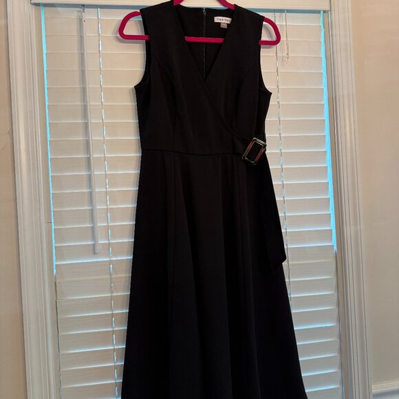 EUC Calvin Klein Surplice Buckle A-line Midi Work Dress Black (Size: 6) - Picture 2 of 5